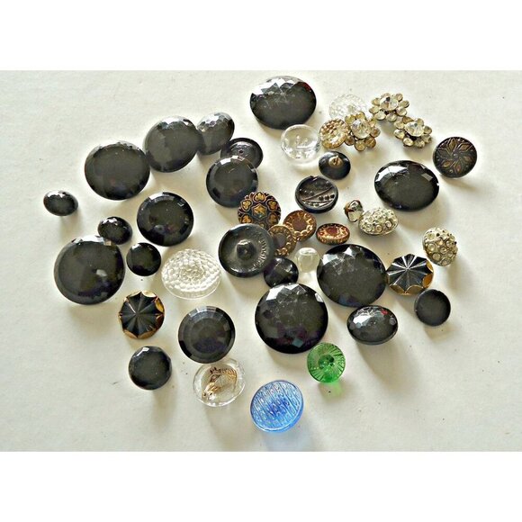 42 Vintage Glass Buttons & Rhinestone Buttons Collection Jet Black - Picture 1 of 5